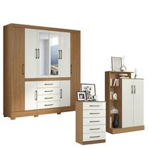 Guarda Roupa Casal Nápole 2045149 com Armário Multiuso Florença 2000199 e Cômoda 5 Gavetas 2014140 Atacama Off White - Aramóveis