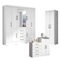 Guarda Roupa Casal Nápole 2045149 e Armário Multiuso New 2000192 e Cômoda Londres Branco - Aramóveis