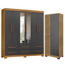 Guarda Roupa Casal New Kansas com Espelho e Armário Multiuso Versatile Carvalho Americano Grafite - Incorplac