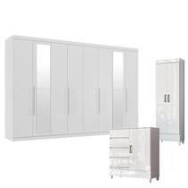 Guarda Roupa Casal New Master 8 Portas 4 Gavetas com Espelho e Cômoda Fit 4 Gavetas 1 Porta e Multiuso Fit Branco Brilho- Santos Andirá Guarda Roupa Casal New Master 8 Portas 4 Gavetas com Espelho e Cômoda Fit 4 Gavetas 1 Porta e Multiuso Fit Branco Brilho- Santos Andirá