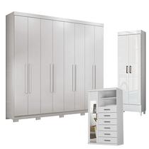 Guarda Roupa Casal New Master com Pés 8 Portas e 4 Gavetas com Cômoda 1 Porta 6 Gavetas com Espelho e Multiuso Marabá Branco Brilho - Santos Andirá