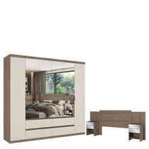 Guarda Roupa Casal Nobre 6 Portas Full Glass Rustic Off White e Cabeceira com Mesas de Cabeceira Formosa Glass Rustic- THB