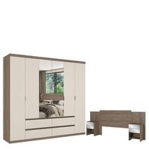 Guarda Roupa Casal Nobre Glass 6 Portas Rustic Off White e Cabeceira com Mesas de Cabeceira Formosa Glass Rustic- THB