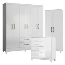 Guarda Roupa Casal Panamá com Cômoda Vênus com pés e Armário Multiuso Jade Branco Brilho Moval