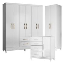 Guarda Roupa Casal Panamá com Cômoda Vênus com pés e Armário Multiuso New Íris Branco Brilho Moval Guarda Roupa Casal Panamá com Cômoda Vênus com pés e Armário Multiuso New Íris Branco Brilho Moval