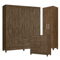 Guarda Roupa Casal Panamá com Cômoda Vênus com pés e Armário Multiuso New Íris Castanho Wood Moval