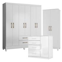 Guarda Roupa Casal Panamá Com Cômoda Vênus E Armário Multiuso Jade Branco Brilho- Moval
