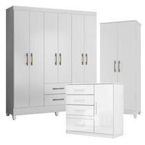 Guarda Roupa Casal Panamá com Cômoda Vênus e Armário Multiuso Jade Branco Brilho Moval