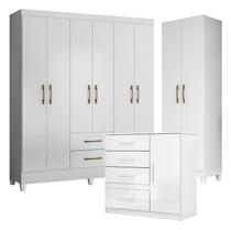 Guarda Roupa Casal Panamá com Cômoda Vênus e Armário Multiuso New Íris Branco Brilho Moval