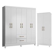 Guarda Roupa Casal Panamá e Armário Multiuso Jade Branco Brilho Moval