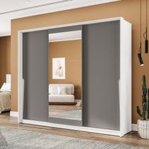 Guarda-Roupa Casal Porto 3 Portas 4 Gavetas com Espelho Branco/Cinza - Politorno