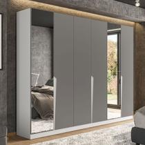 Guarda-Roupa Casal Porto 6 Portas 4 Gavetas com Espelho Branco/Cinza - Politorno