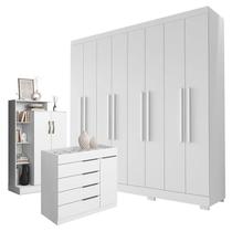 Guarda Roupa Casal Porto 8 Portas 4 Gavetas com Cômoda Sapateira Sevilha e Armário Multiuso Florença Branco Brilho Aramóveis