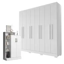 Guarda Roupa Casal Porto 8 Portas 4 Gavetas E Armário Multiuso Florença Branco Brilho - Aramóveis