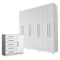 Guarda Roupa Casal Porto 8 Portas 4 Gavetas e Cômoda Sapateira Milão Branco Brilho Aramóveis