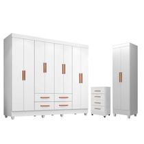 Guarda Roupa Casal Porto 8 Portas com Cômoda 4 Gavetas e Armário Multiuso Lite Branco Brilho Móveis Leão