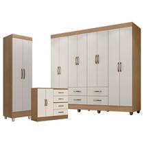 Guarda Roupa Casal Porto com Cômoda 4 Gavetas 2 Portas e Armário Multiuso Lite Nature Off White Leão