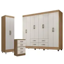Guarda Roupa Casal Porto com Cômoda 4 Gavetas e Armário Multiuso Lite Nature Off White Leão