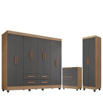 Guarda Roupa Casal Porto com Cômoda Lite 4 Gavetas 01 Porta e Armário Multiuso Lite Nature Cinza Móveis Leão