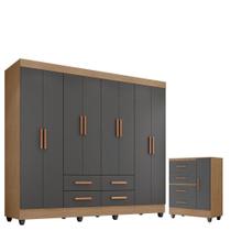 Guarda Roupa Casal Porto Com Cômoda Lite 4 Gavetas 1 Porta Nature Cinza - Móveis Leão
