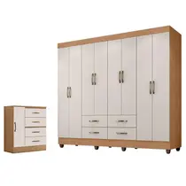 Guarda Roupa Casal Porto com Cômoda Lite 4 Gavetas 1 Porta Nature Off White Móveis Leão