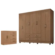 Guarda Roupa Casal Porto com Cômoda Lite 4 Gavetas 2 Portas Carvalho OAK Móveis Leão