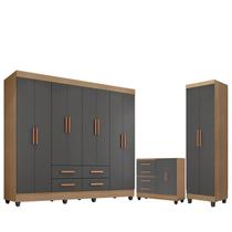Guarda Roupa Casal Porto com Cômoda Lite 4 Gavetas 2 Portas e Armário Multiuso Lite Nature Cinza Móveis Leão