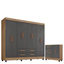 Guarda Roupa Casal Porto Com Cômoda Lite 4 Gavetas 2 Portas Nature Cinza - Móveis Leão