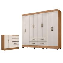 Guarda Roupa Casal Porto com Cômoda Lite 4 Gavetas 2 Portas Nature Off White Móveis Leão