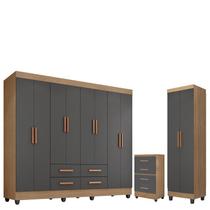 Guarda Roupa Casal Porto com Cômoda Lite 4 Gavetas e Armário Multiuso Lite Nature Cinza Móveis Leão