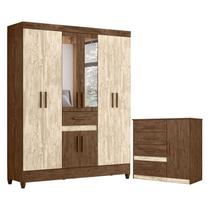 Guarda Roupa Casal Portugal com Espelho e Cômoda Vênus Castanho Avelã Wood Moval