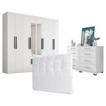 Guarda Roupa Casal Prime 1684 com Espelho e Cômoda 8050 com Cabeceira Luiza 140cm Branco - Araplac