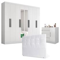 Guarda Roupa Casal Prime 1684 com Espelho e Cômoda Excellence 8000 com Cabeceira Luiza 140cm Branco - Araplac