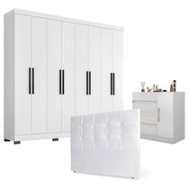 Guarda Roupa Casal Prime 1684 com Pés Reto News Cinza e Cômoda Excellence 8000 com Cabeceira Luiza 140cm Branco - Araplac