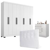 Guarda Roupa Casal Prime 1684 com Pés Reto News e Cômoda Excellence 8000 com Cabeceira Luiza 140cm Branco - Araplac