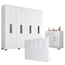 Guarda Roupa Casal Prime 1684 e Cômoda Excellence 8000 com Pés Cinza e Cabeceira Luiza 140cm Branco - Araplac