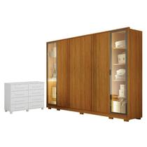 Guarda Roupa Casal Prime 6 Portas Com LED Cinamomo com Cômoda San Marino 8 Gavetas Branco Leifer