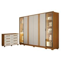 Guarda Roupa Casal Prime 6 Portas Com LED com Cômoda San Marino 8 Gavetas Cinamomo Off White Leifer Guarda Roupa Casal Prime 6 Portas Com LED com Cômoda San Marino 8 Gavetas Cinamomo Off White Leifer