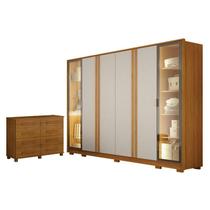 Guarda Roupa Casal Prime 6 Portas Com LED Off White com Cômoda San Marino 8 Gavetas Cinamomo Leifer