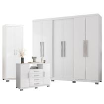 Guarda Roupa Casal Prime 6000 com Cômoda 8020 e Multiuso 6020 Branco com New Pés - Araplac