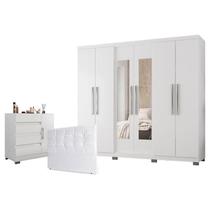 Guarda Roupa Casal Prime 7000 com Cômoda 8000 e Cabeceira Luiza 140cm Branco com New Pés - Araplac