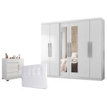 Guarda Roupa Casal Prime 7000 e Cômoda 8000 com New Pés e Cabeceira Luiza 140cm Branco - Araplac