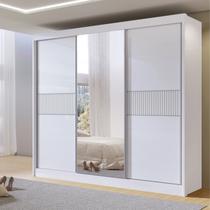 Guarda-Roupa Casal Ripado 3 Portas de Correr com Espelho 100% MDF Cristal Branco Guarda-Roupa Casal Ripado 3 Portas de Correr com Espelho 100% MDF Cristal Branco