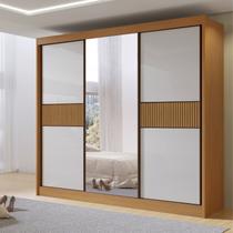 Guarda-Roupa Casal Ripado 3 Portas de Correr com Espelho 100% MDF Cristal Marrom/Cinamomo/Off White Guarda-Roupa Casal Ripado 3 Portas de Correr com Espelho 100% MDF Cristal Marrom/Cinamomo/Off White