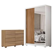 Guarda Roupa Casal Riva Branco Amêndola Touch Flex com Espelho e Pés e Cômoda 8 Gavetas Sintra Amêndola Touch com Pés Demóbile