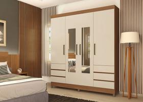Guarda-Roupa Casal Roma 4 Portas com Espelho 6 Gavetas Amêndola Touch/Off White MDP Guarda-Roupa Casal Roma 4 Portas com Espelho 6 Gavetas Amêndola Touch/Off White MDP