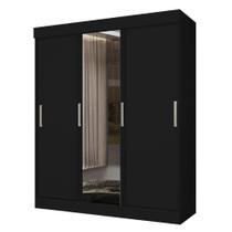 Guarda Roupa Casal Sami 3 Portas de Correr com Espelho MDP Preto