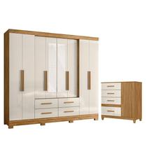 Guarda Roupa Casal San Lorenzo com Espelho e Cômoda Vênus com Pés Freijó Off White Moval Guarda Roupa Casal San Lorenzo com Espelho e Cômoda Vênus com Pés Freijó Off White Moval