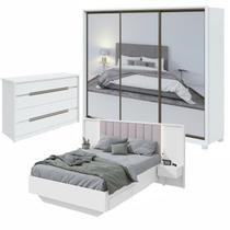 Guarda-Roupa Casal Super Glass, Cômoda Urban e Cama Casal Solaris Branco