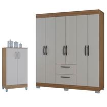 Guarda Roupa Casal Tóquio 6 Portas com Armário Multiuso 2 Portas Pequeno Castanho Off White - Poquema Guarda Roupa Casal Tóquio 6 Portas com Armário Multiuso 2 Portas Pequeno Castanho Off White - Poquema